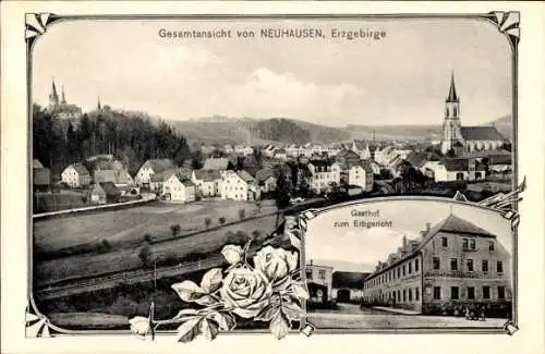 Ak Neuhausen im Erzgebirge, Gesamtansicht, Gasthof zum Erbgericht