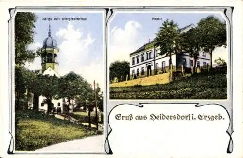Ak Heidersdorf im Erzgebirge, Kirche, Kriegerdenkmal, Schule