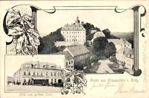 Jugendstil Passepartout Ak Frauenstein im Erzgebirge, Hotel zum goldnen Stern, Schloss