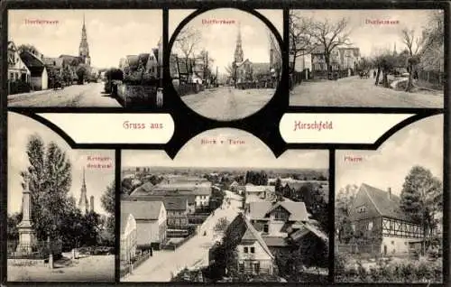 Ak Hirschfeld in Sachsen, Dorfstraße, Kriegerdenkmal, Blick vom Turm, Pfarre