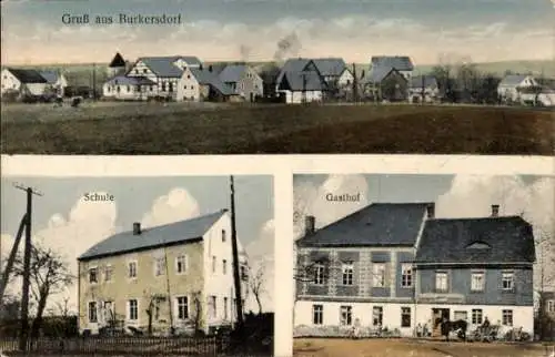 Ak Burkersdorf Frauenstein im Erzgebirge, Teilansicht, Schule, Gasthof