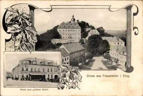 Jugendstil Passepartout Ak Frauenstein im Erzgebirge, Hotel zum goldnen Stern, Schloss