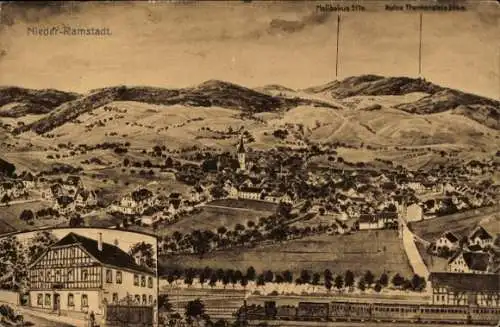 Künstler Ak Nieder Ramstadt Mühltal im Odenwald, Gesamtansicht, Gasthaus zum goldenen Löwen