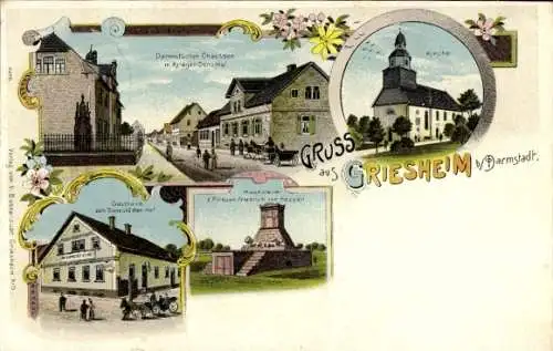 Litho Griesheim bei Darmstadt, Darmstädter Chaussee, Denkmal, Gasthaus Darmstädter Hof, Mausoleum