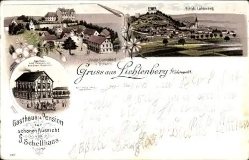 Litho Lichtenberg Fischbachtal im Odenwald, Schloss, Gasthaus und Pension zur schönen Aussicht