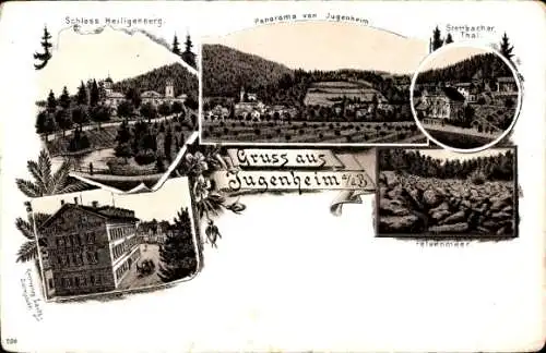 Litho Jugenheim an der Bergstraße Hessen, Panorama, Schloss Heiligenberg, Pension, Felsenmeer