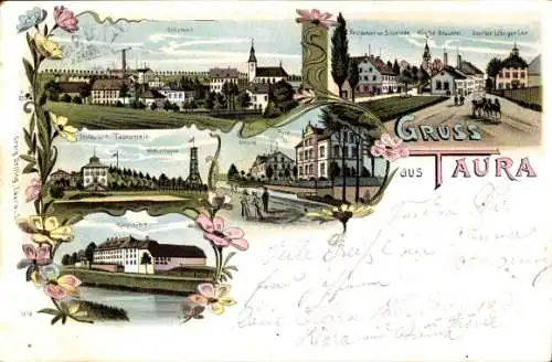 Litho Taura, Kunstmühle, Post, Brauerei, Gasthof