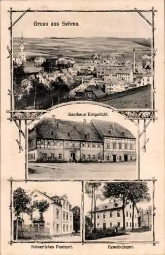 Ak Sehma Sehmatal im Erzgebirge, Gesamtansicht, Gasthaus Erbgericht, Post, Gemeindeamt