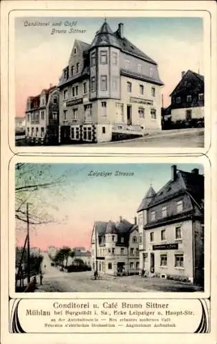 Ak Mühlau in Sachsen, Konditorei Café Bruno Sittner, Leipziger Straße