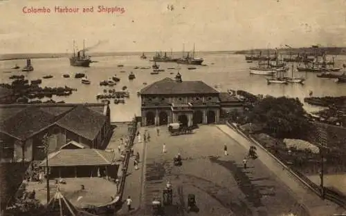 Ak Colombo Sri Lanka, Harbour and Shipping, Blick auf den Hafen und Dampfer