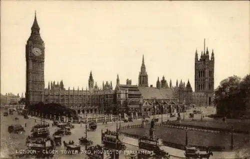 Ak London City England, Uhrturm, Parlamentsgebäude