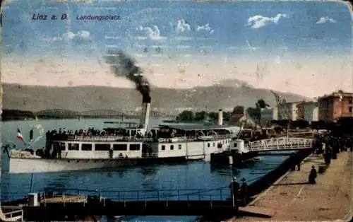 Ak Linz an der Donau Oberösterreich, Landungsplatz, Dampfer