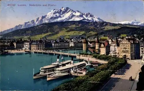 Ak Luzern Stadt Schweiz, Seebrücke, Pilatus, Dampfer