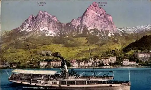 Ak Brunnen Kt Schwyz, Dampfer Stadt Luzern, Kleine Mythen, Große Mythen