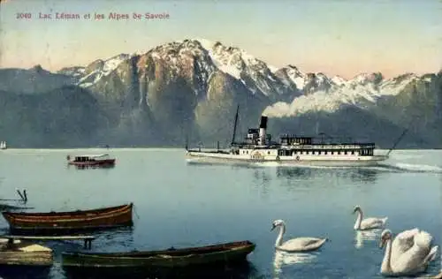 Ak Genfer See, Lac Leman, Salondampfer France, Schwäne