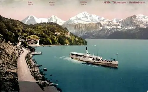 Ak Thunersee Kanton Bern, Beatenbucht, Eiger, Mönch, Jungfrau, Dampfer