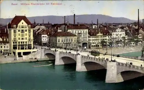 Ak Basel Stadt Schweiz, Mittlere Rheinbrücke, Kleinbasel