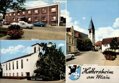 Wappen Ak Hattersheim in Hessen, Rathaus, Evangelische Kirche, Blick zur Kirche