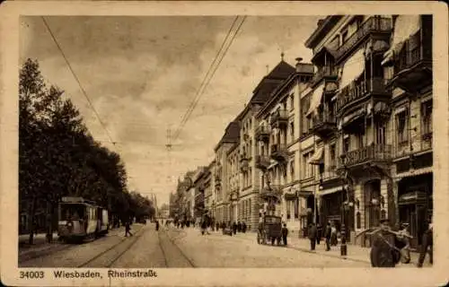 Ak Wiesbaden in Hessen, Rheinstraße, Hotel, Straßenbahn