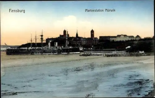 Ak Flensburg in Schleswig Holstein, Marinestation Mürwik, Kriegsschiff