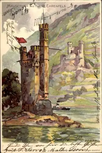 Künstler Litho Pfaff, C., Rüdesheim am Rhein Hessen, Mäuseturm und Ruine Ehrenfels