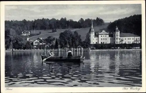 Ak Leoni Berg am Starnberger See Oberbayern, Ruderboot, Teilansicht