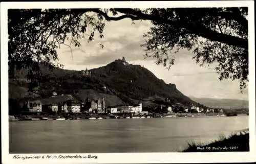 Ak Königswinter am Rhein, Panorama mit Drachenfels und Drachenburg