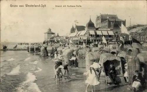 Ak Westerland auf Sylt, Strand mit Kurhaus Halle, Kinder, Strandburgen