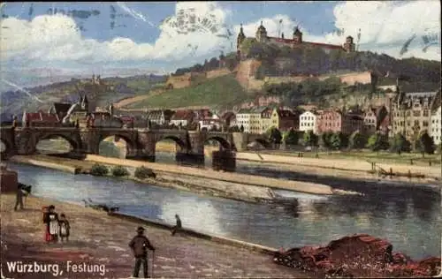 Künstler Ak Würzburg am Main Unterfranken, Festung Marienberg, Brücke, Mainpartie