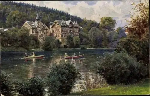 Künstler Ak Bad Elster im Vogtland, Blick über den Gondelteich auf Villen