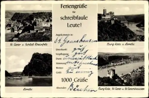 Ak Sankt Goarshausen am Rhein, Loreley, Burg Katz, St. Goar