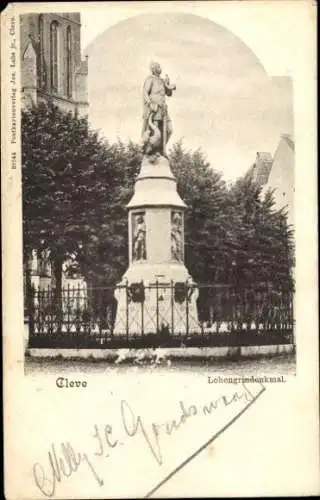 Ak Kleve am Niederrhein, Lohengrin Denkmal vor der Kirche