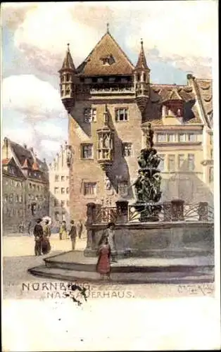 Künstler Ak Nürnberg, Nassauer Haus mit Springbrunnen