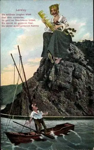 Ak St. Goar am Rhein, Loreleifelsen, Loreley, Mann im Boot