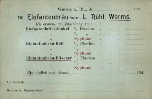 Ak Worms am Rhein, Elefantenbräu, vorm. L. Rühl