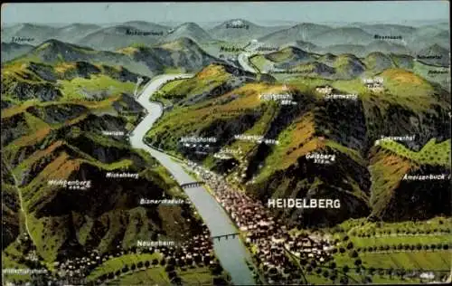 Ak Heidelberg am Neckar, Landkarte, Panorama, Ameisenbuck, Geisberg, Neuenheim