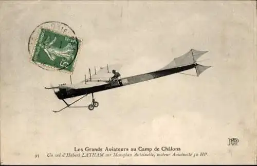 Ak Les Grands Aviateurs, Eine Wende von Hubert Latham auf einem Antoinette-Eindecker