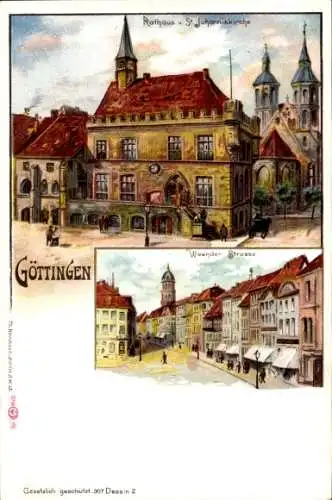 Litho Göttingen in Niedersachsen, Rathaus, St. Johanniskirche, Weender Straße