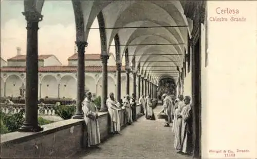 Ak Pavia Lombardia, Certosa, Chiostro Grande, Mönche, Säulengang