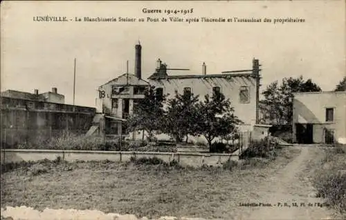 Ak Lunéville Meurthe et Moselle, Blachisserie Steiner am Pont de Viller nach dem Brand