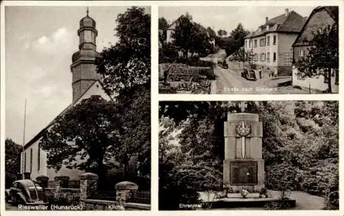 Ak Riesweiler im Hunsrück, Ehrenmal, Straße nach Simmern, Kirche, VW Käfer