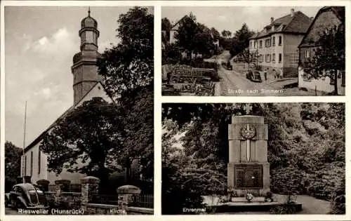 Ak Riesweiler im Hunsrück, Ehrenmal, Straße nach Simmern, Kirche, VW Käfer