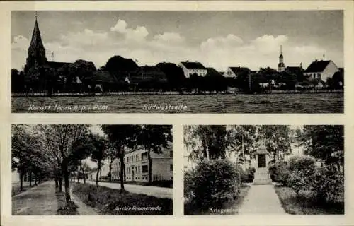 Ak Nowe Warpno Neuwarp Pommern, Südwestseite, Promenade, Kriegerdenkmal