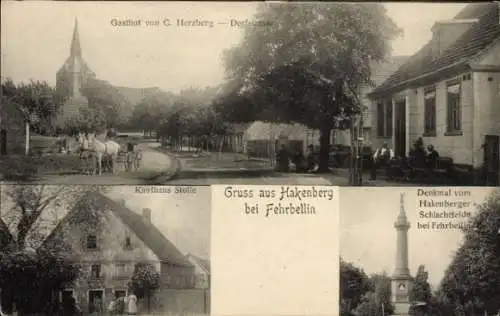 Ak Hakenberg Fehrbellin in Brandenburg, Gasthaus, Dorfstraße, Kaufhaus Stolle, Denkmal