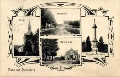 Ak Hakenberg Fehrbellin in Brandenburg, Kirche, Dorfstraße, Görrns Villa, Schlachten-Denkmal