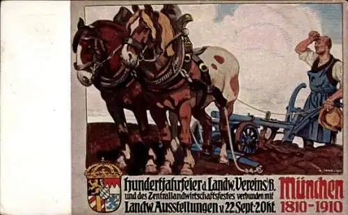 Ganzsachen Ak München, Landwirtschaftsausstellung 1910, Hundertjahrfeier Landw. Verein, Pferdepflug