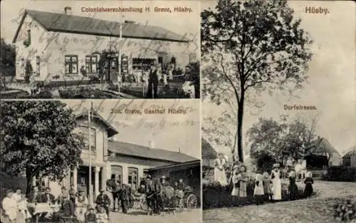 Ak Hüsby in Schleswig Holstein, Kolonialwarenhandlung H. Greve, Gasthof Hüsby, Dorfstraße