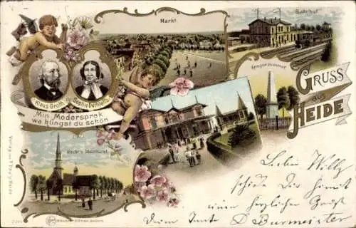 Litho Heide in Holstein, Klaus Groth, Sophie Dethleffs, Kirche, Markt, Bahnhof