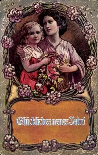 Ak Glückwunsch Neujahr, Frau mit Mädchen, Blumenkorb