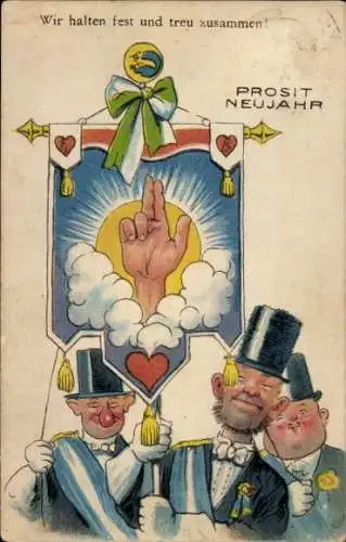 Ak Glückwunsch Neujahr, Männer, Standarte, Wir halten fest und treu zusammen, Zylinder